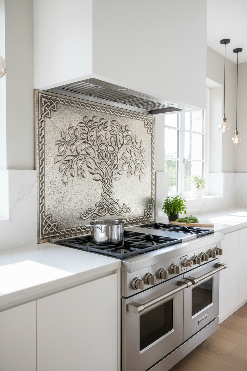 Gray Tree of Life Copper Backsplash Large Panel EXTREMELY CLOSE Angled Left View Handmade Kitchen Wall Art Ultra Luxury Modern Kitchen Stove Backsplash