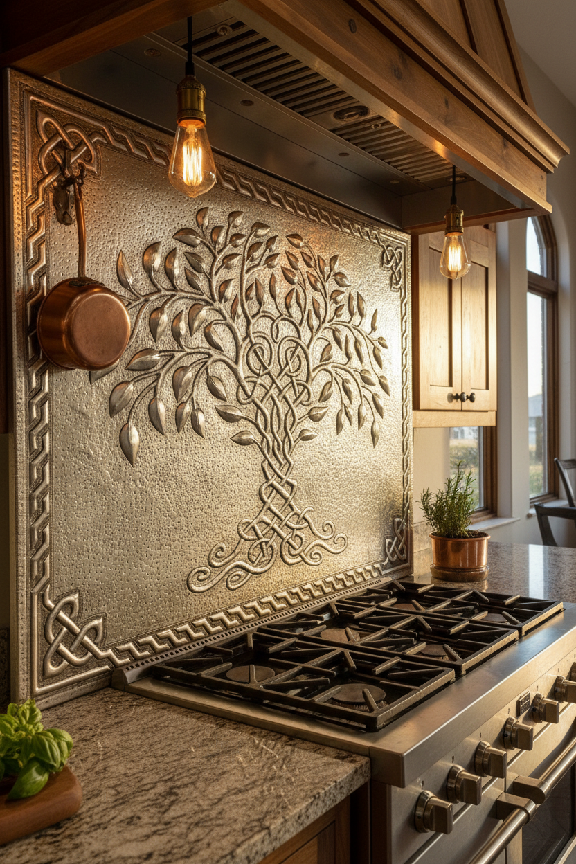 Gray Tree of Life Copper Backsplash Large Panel EXTREMELY CLOSE Angled Left View Handmade Kitchen Wall Art Ultra Luxury Rustic Farmhouse Kitchen Stove Backsplash