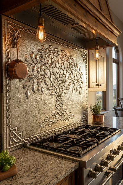 Gray Tree of Life Copper Backsplash Large Panel EXTREMELY CLOSE Angled Left View Handmade Kitchen Wall Art Ultra Luxury Rustic Farmhouse Kitchen Stove Backsplash