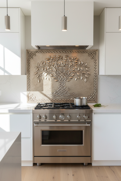 Gray Tree of Life Copper Backsplash Large Panel EXTREMELY CLOSE Front Direct View Handmade Kitchen Wall Art Ultra Luxury Modern Kitchen Stove Backsplash