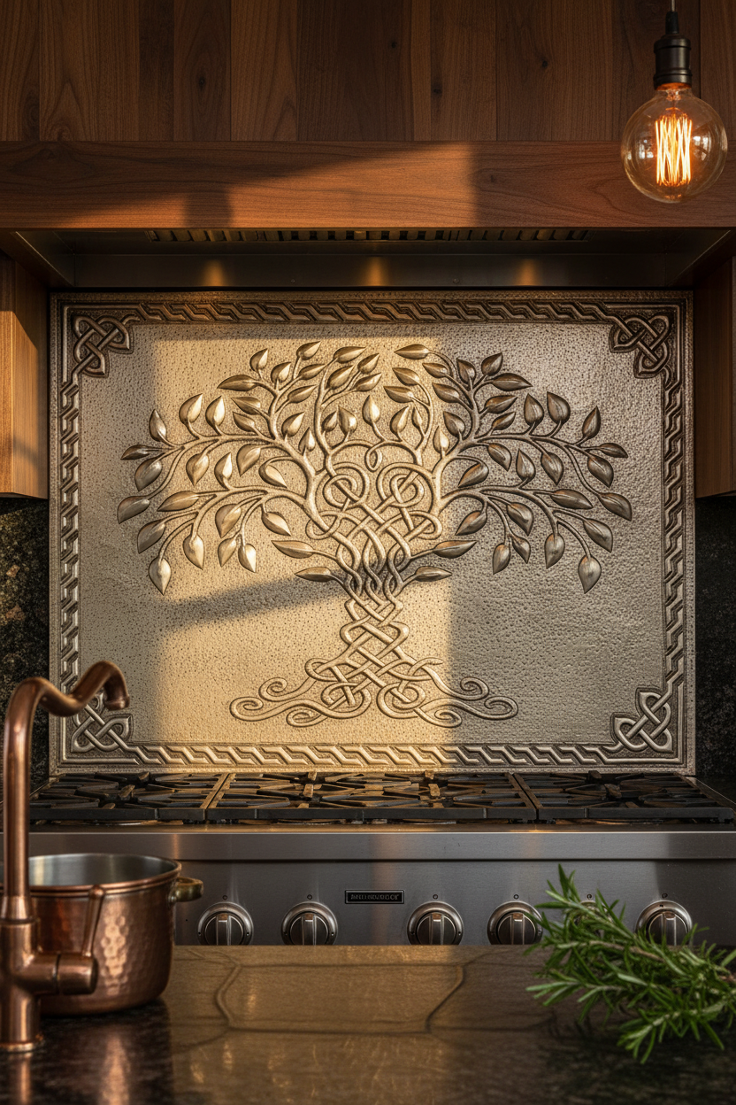 Gray Tree of Life Copper Backsplash Large Panel EXTREMELY CLOSE Front Direct View Handmade Kitchen Wall Art Ultra Luxury Rustic Farmhouse Kitchen Stove Backsplash