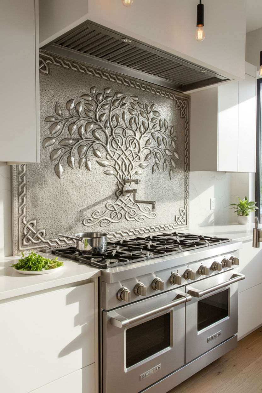 Gray Tree of Life Copper Backsplash Large Panel EXTREMELY CLOSE Slight Angled Left View Handmade Kitchen Wall Art Ultra Luxury Modern Kitchen Stove Backsplash