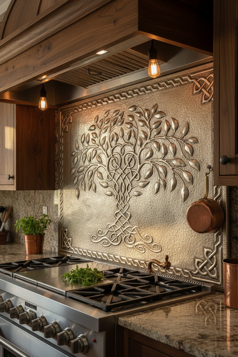 Gray Tree of Life Copper Backsplash Large Panel EXTREMELY CLOSE Slight Angled Left View Handmade Kitchen Wall Art Ultra Luxury Rustic Farmhouse Kitchen Stove Backsplash