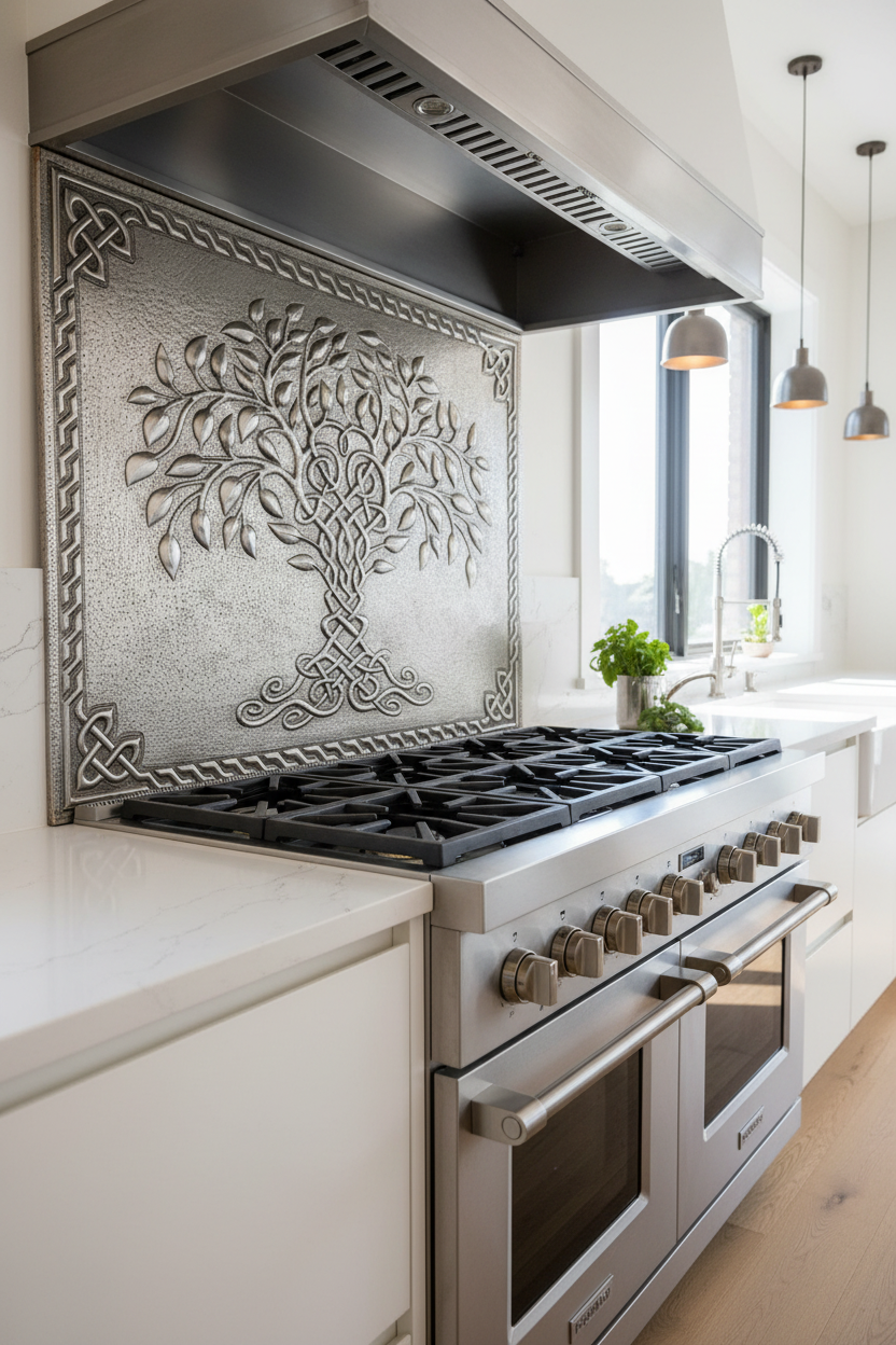 Gray Tree of Life Copper Backsplash Large Panel EXTREMELY CLOSE Slight Angled Right View Handmade Kitchen Wall Art Ultra Luxury Modern Kitchen Stove Backsplash