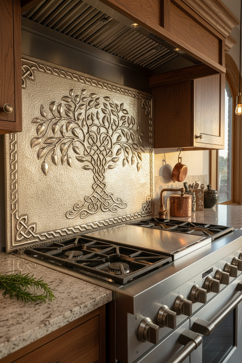 Gray Tree of Life Copper Backsplash Large Panel EXTREMELY CLOSE Slight Angled Right View Handmade Kitchen Wall Art Ultra Luxury Rustic Farmhouse Kitchen Stove Backsplash