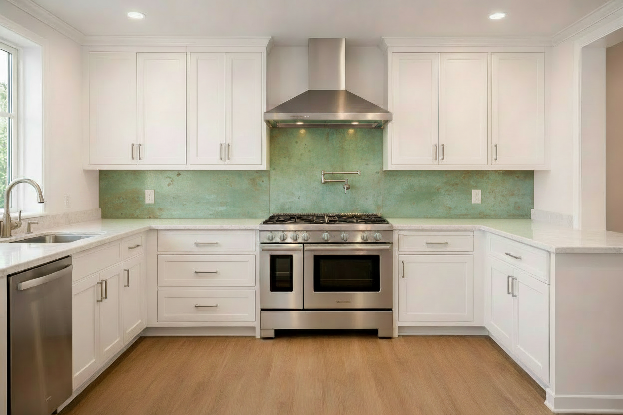 Green Copper Backsplash — White Shaker Kitchen