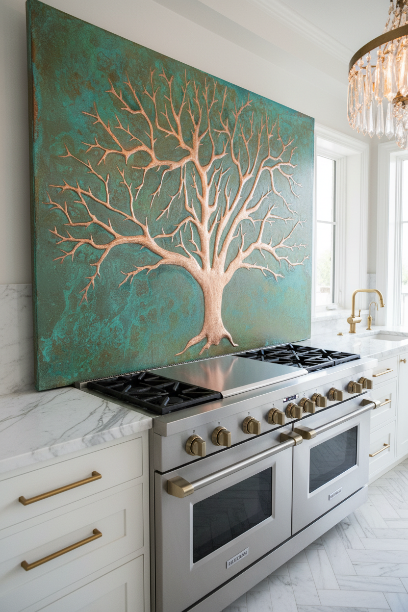 Green Copper Tree of Life Panel EXTREMELY CLOSE Stove Backsplash Angled Left View Dream Luxury Kitchen