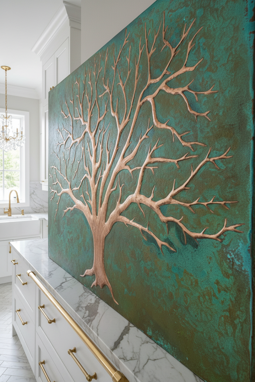 Green Copper Tree of Life Panel EXTREMELY CLOSE Stove Backsplash Angled Right View Dream Luxury Kitchen