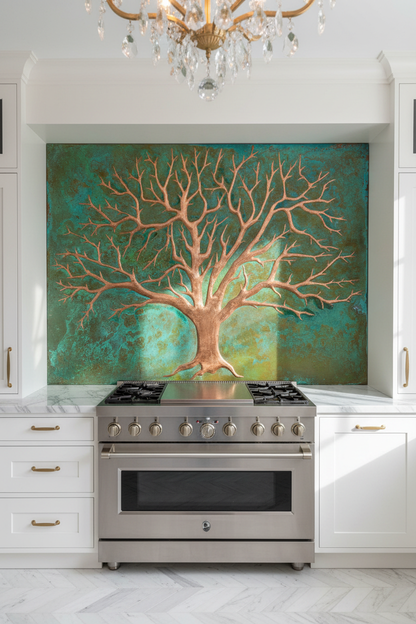 Green Copper Tree of Life Panel EXTREMELY CLOSE Stove Backsplash Front View Dream Luxury Kitchen