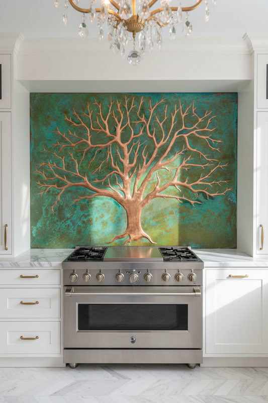 Green Copper Tree of Life Panel EXTREMELY CLOSE Stove Backsplash Front View Dream Luxury Kitchen