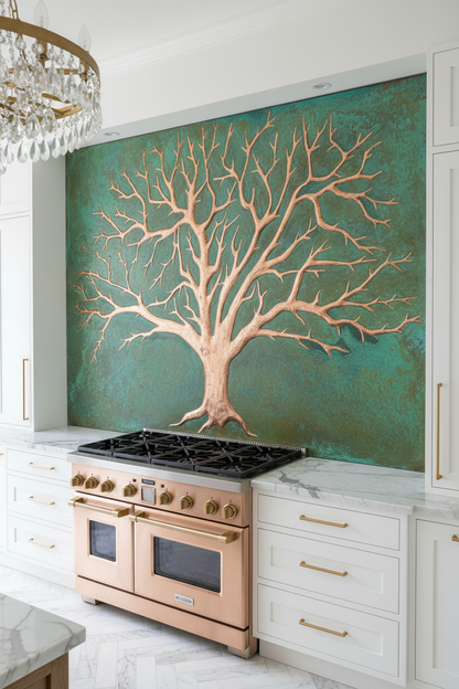 Green Copper Tree of Life Panel EXTREMELY CLOSE Stove Backsplash Slight Angled Left View Dream Luxury Kitchen