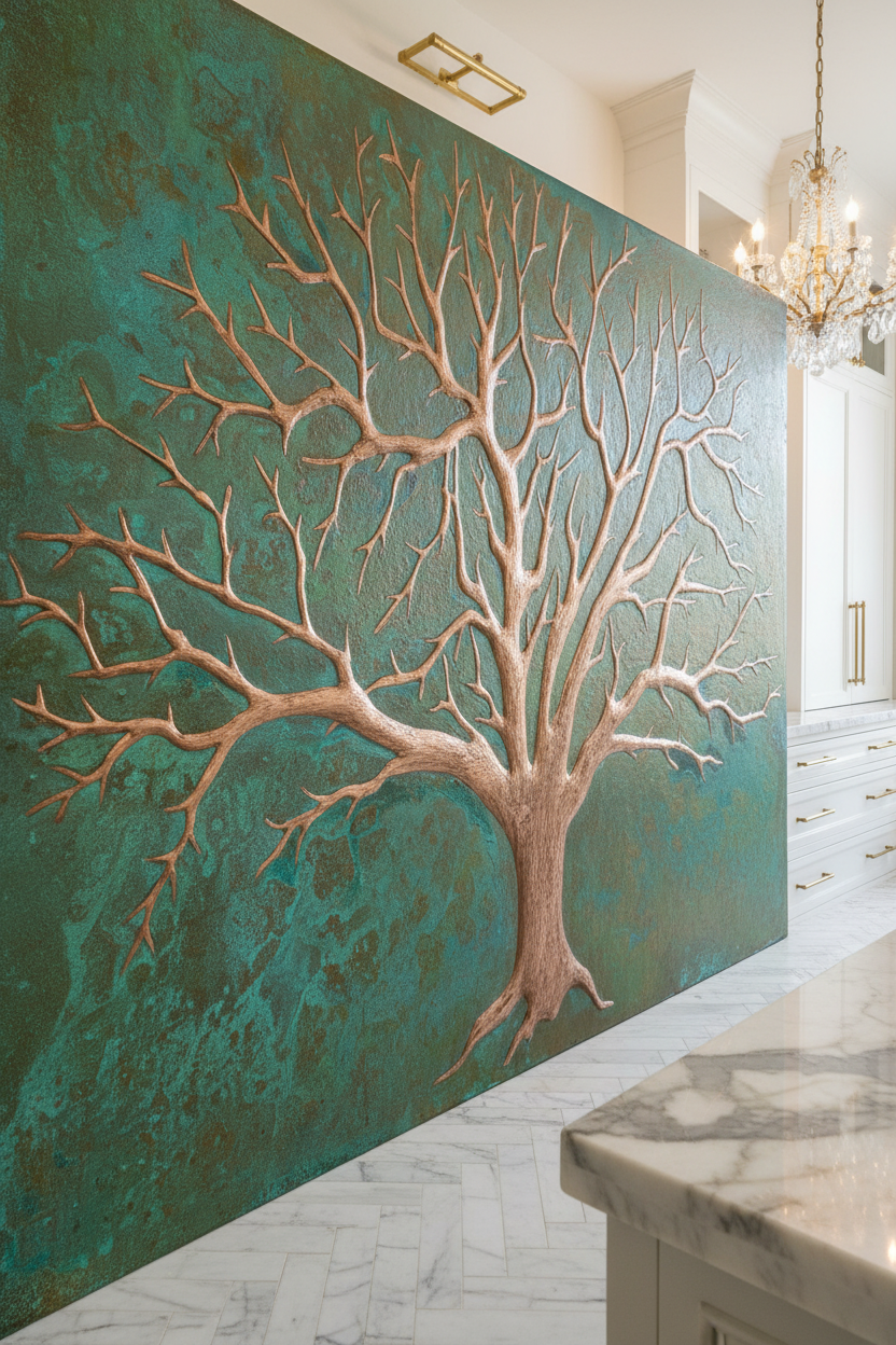 Green Copper Tree of Life Panel EXTREMELY CLOSE Stove Backsplash Slight Angled Right View Dream Luxury Kitchen