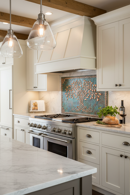 Green Tree of Life Copper Backsplash Close Angled Right View Ultra-Luxury Transitional Kitchen Enhanced