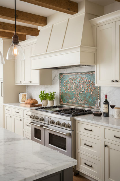 Green Tree of Life Copper Backsplash Close Angled View Ultra-Luxury Transitional Kitchen
