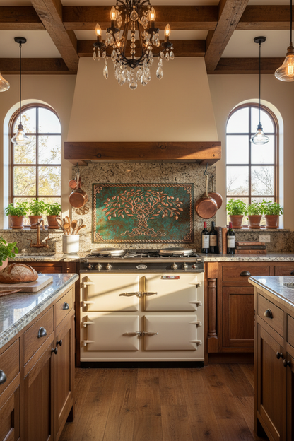 Green Tree of Life Copper Backsplash Close Front Direct View Ultra-Luxury Celtic-Inspired Kitchen Enhanced