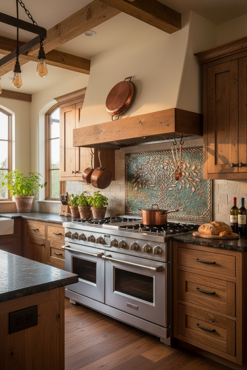 Green Tree of Life Copper Backsplash Close Front Direct View Ultra-Luxury Celtic-Inspired Kitchen