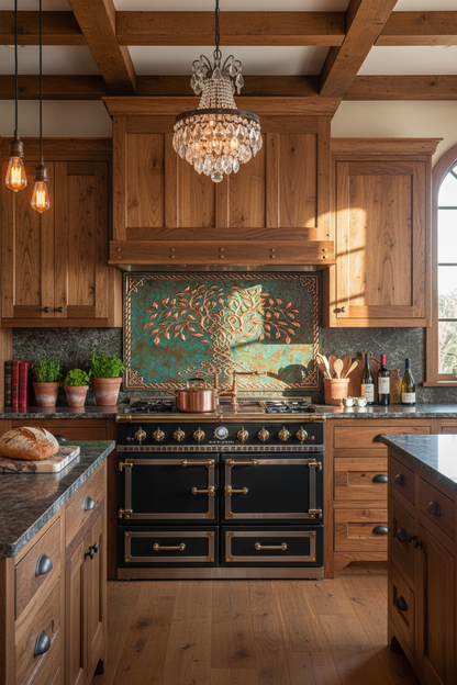 Green Tree of Life Copper Backsplash Close Front Direct View Ultra-Luxury Celtic-Inspired Kitchen