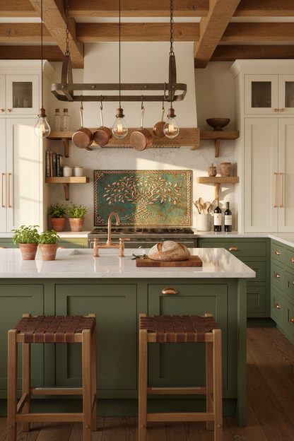 Green Tree of Life Copper Backsplash Close Wide Front View Ultra-Luxury Celtic-Inspired Kitchen Enhanced