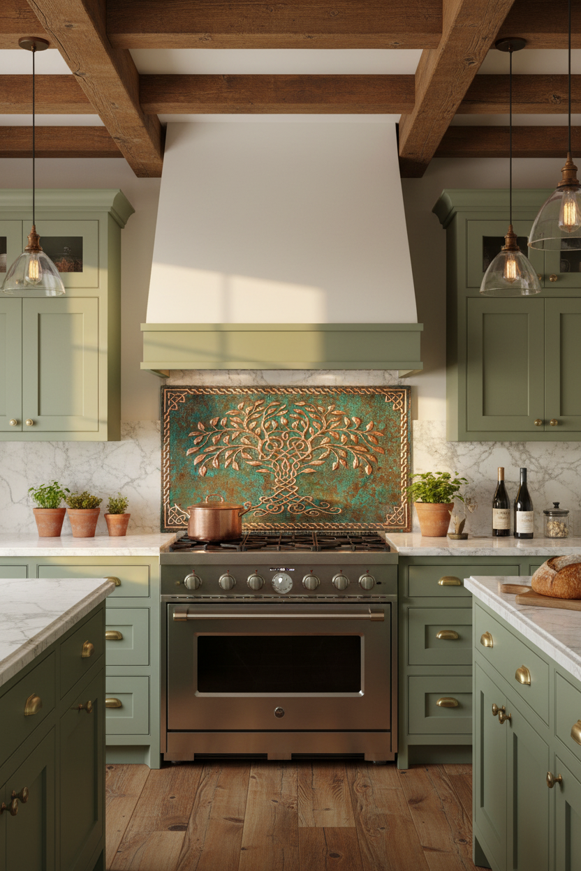 Green Tree of Life Copper Backsplash Closer Front Direct View Ultra-Luxury Celtic-Inspired Kitchen Enhanced
