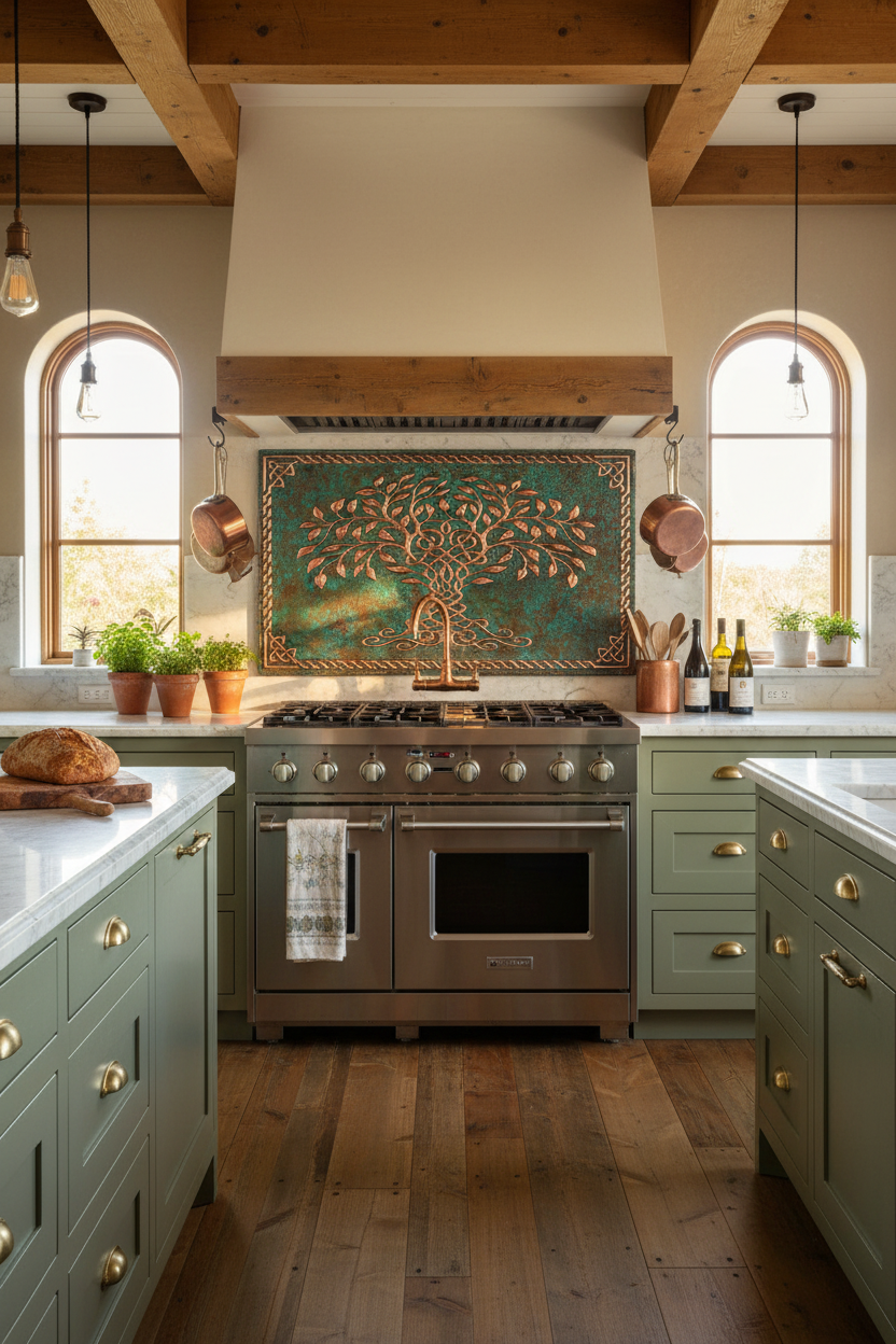 Green Tree of Life Copper Backsplash Closer Front Direct View Ultra-Luxury Celtic-Inspired Kitchen