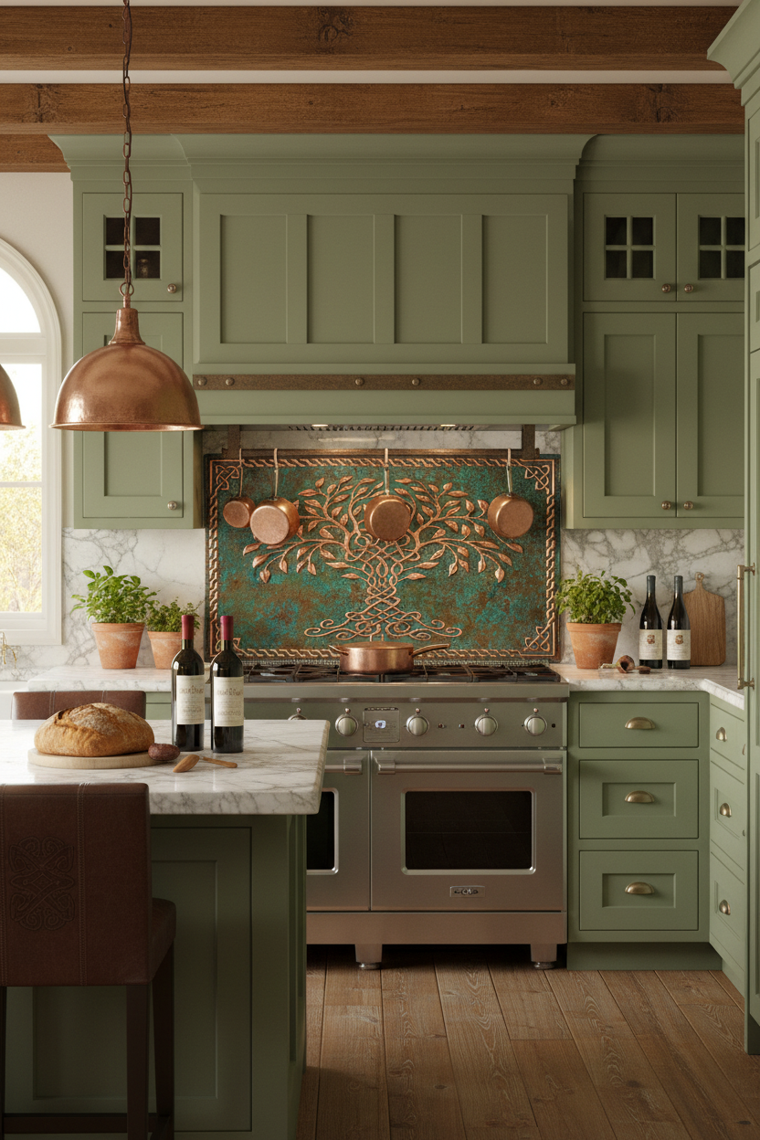 Green Tree of Life Copper Backsplash Closer Front Direct View Ultra-Luxury Celtic-Inspired Kitchen