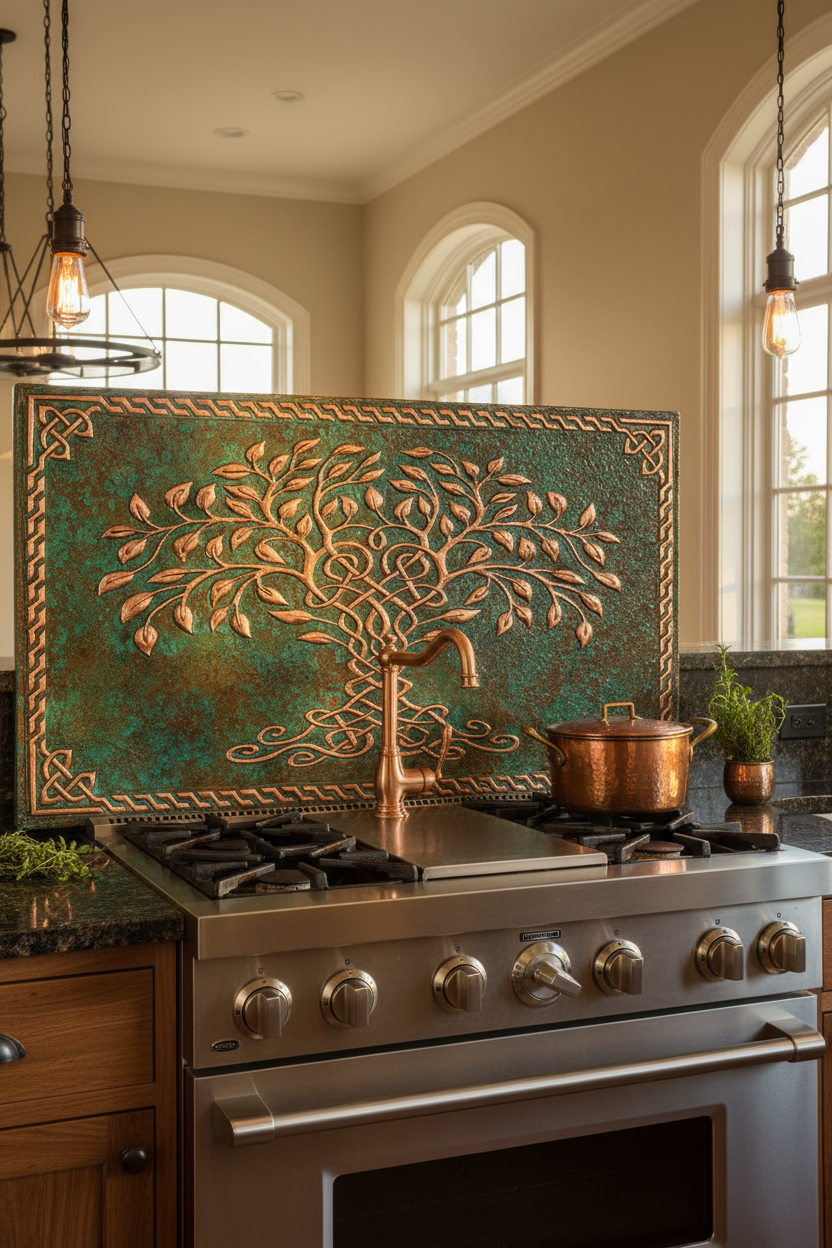 Green Tree of Life Copper Backsplash Closest Front Direct View Ultra-Luxury Celtic-Inspired Kitchen