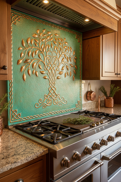 Green Tree of Life Copper Backsplash Large Panel EXTREMELY CLOSE Angled Right View Handmade Kitchen Wall Art Ultra Luxury Rustic Farmhouse Kitchen Stove Backsplash