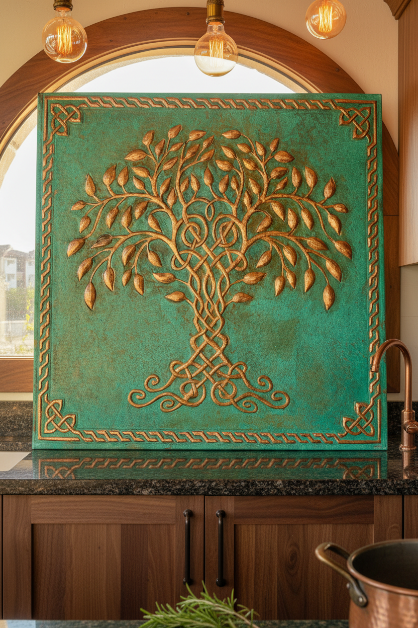 Green Tree of Life Copper Backsplash Large Panel EXTREMELY CLOSE Front Direct View Handmade Kitchen Wall Art Ultra Luxury Rustic Farmhouse Kitchen Stove Backsplash