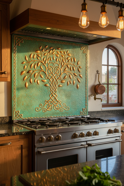 Green Tree of Life Copper Backsplash Large Panel EXTREMELY CLOSE Slight Angled Left View Handmade Kitchen Wall Art Ultra Luxury Rustic Farmhouse Kitchen Stove Backsplash