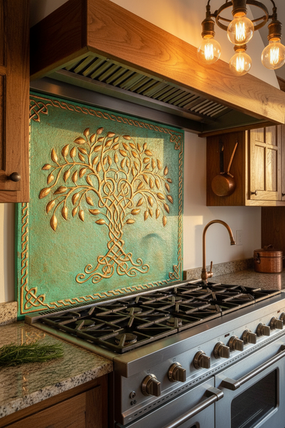 Green Tree of Life Copper Backsplash Large Panel EXTREMELY CLOSE Slight Angled Right View Handmade Kitchen Wall Art Ultra Luxury Rustic Farmhouse Kitchen Stove Backsplash
