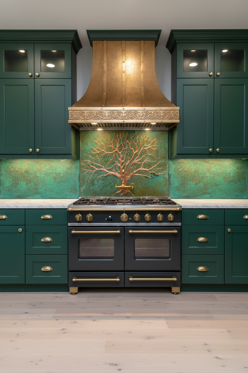 Green Tree — Wide Side Panels, Dark Green Kitchen