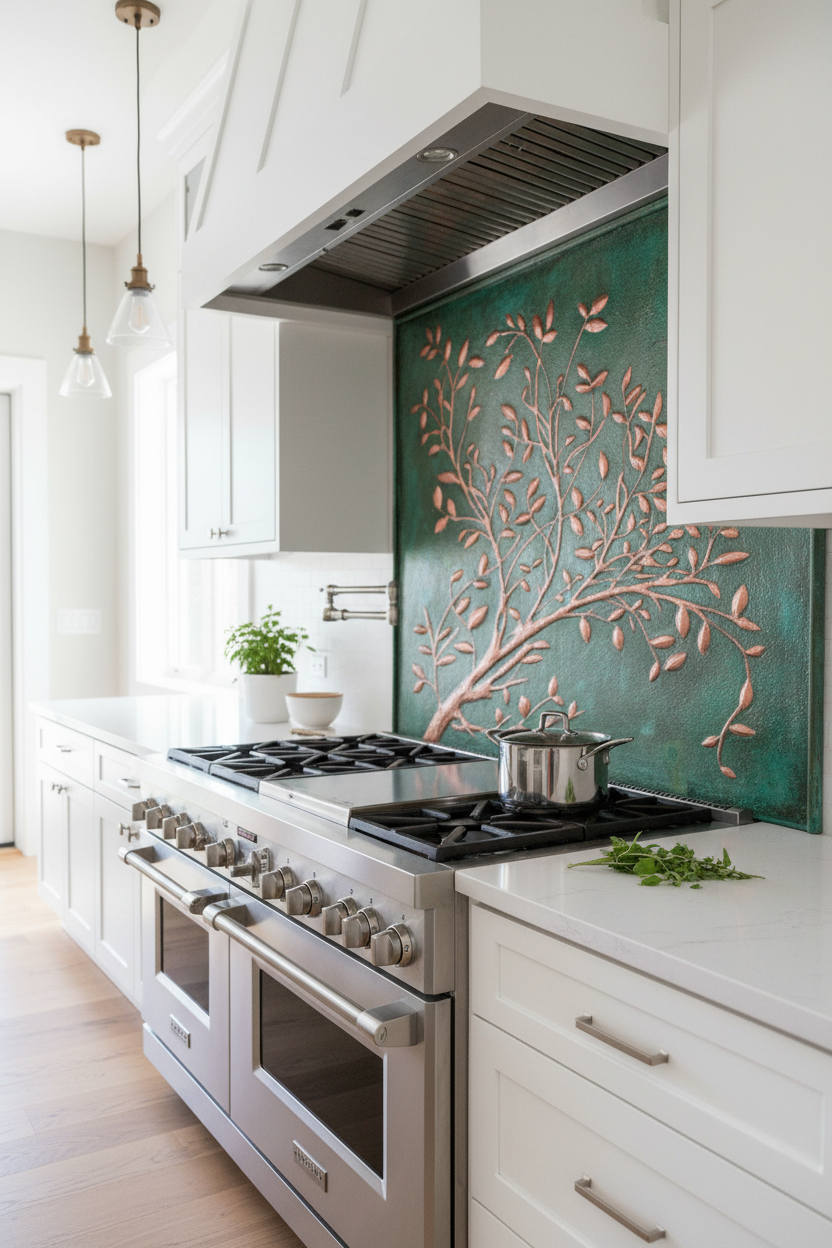 Green Verdigris Copper Tree Branches Backsplash Large Panel EXTREMELY CLOSE Angled Left View Handmade Kitchen Wall Art Ultra Luxury Modern Farmhouse Kitchen Stove Backsplash