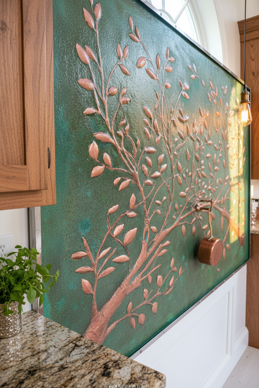 Green Verdigris Copper Tree Branches Backsplash Large Panel EXTREMELY CLOSE Angled Left View Handmade Kitchen Wall Art Ultra Luxury Rustic Farmhouse Kitchen Stove Backsplash