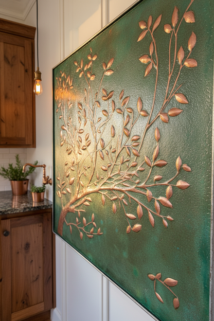 Green Verdigris Copper Tree Branches Backsplash Large Panel EXTREMELY CLOSE Angled Left View Handmade Kitchen Wall Art Ultra Luxury Rustic Farmhouse Kitchen Stove Backsplash