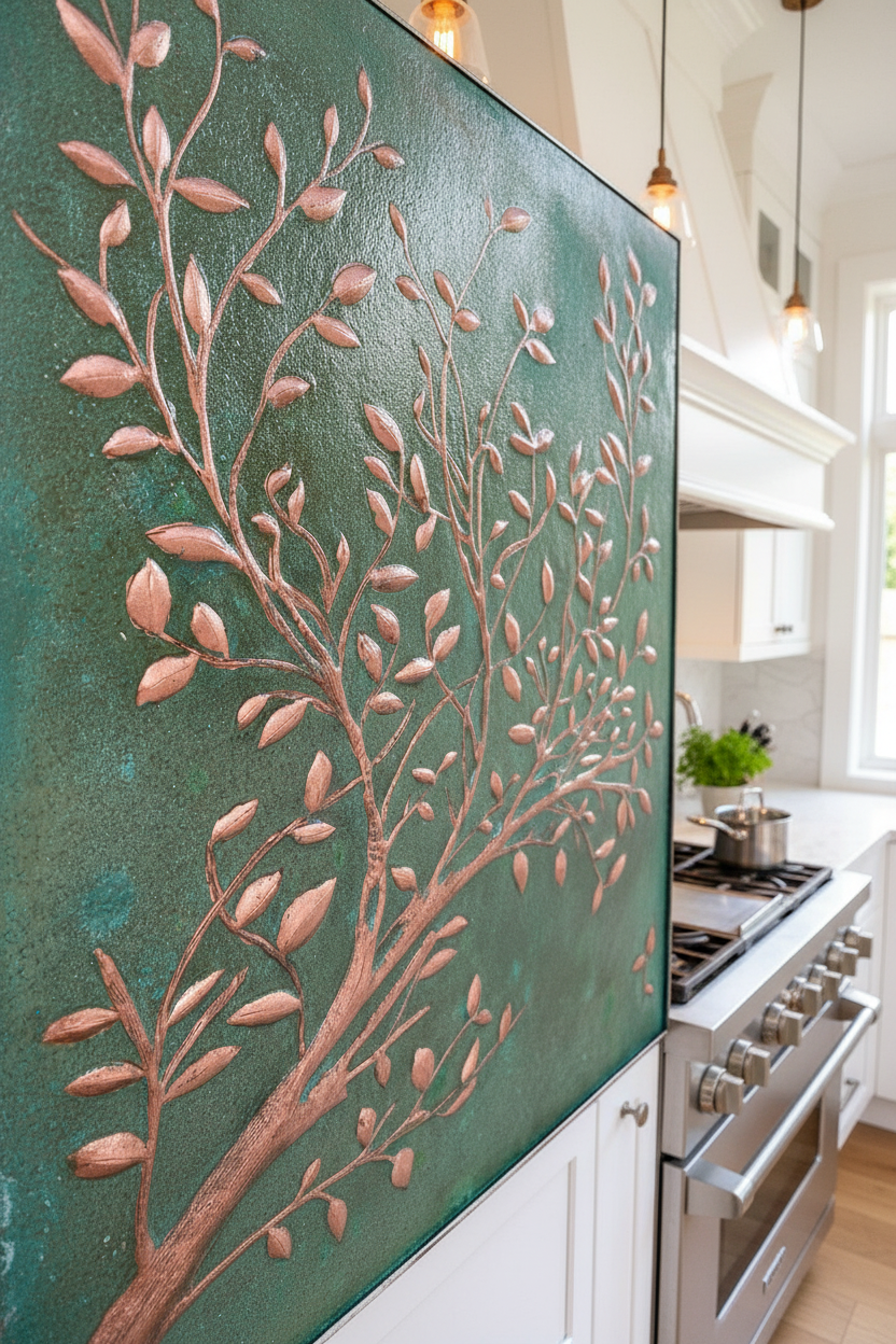 Green Verdigris Copper Tree Branches Backsplash Large Panel EXTREMELY CLOSE Angled Right View Handmade Kitchen Wall Art Ultra Luxury Modern Farmhouse Kitchen Stove Backsplash