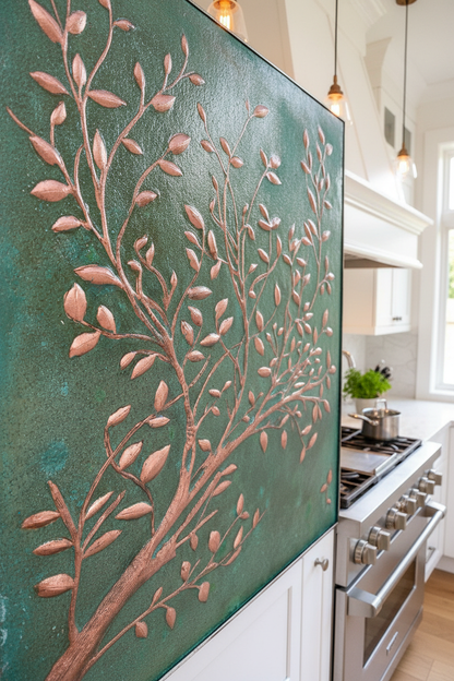 Green Verdigris Copper Tree Branches Backsplash Large Panel EXTREMELY CLOSE Angled Right View Handmade Kitchen Wall Art Ultra Luxury Modern Farmhouse Kitchen Stove Backsplash