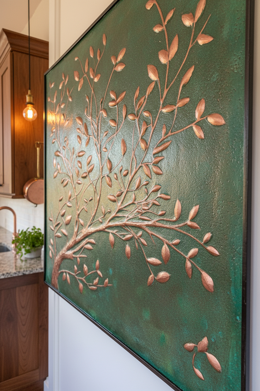 Green Verdigris Copper Tree Branches Backsplash Large Panel EXTREMELY CLOSE Angled Right View Handmade Kitchen Wall Art Ultra Luxury Rustic Farmhouse Kitchen Stove Backsplash