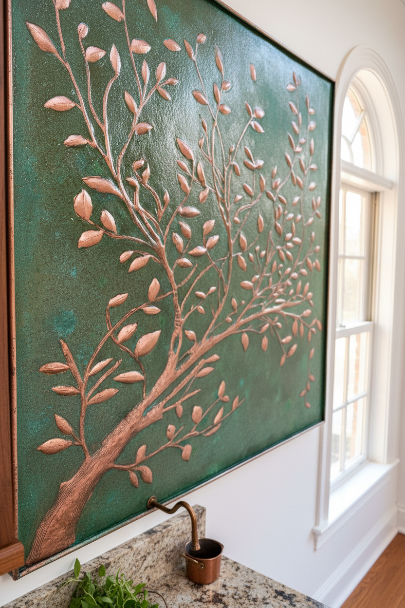 Green Verdigris Copper Tree Branches Backsplash Large Panel EXTREMELY CLOSE Angled Right View Handmade Kitchen Wall Art Ultra Luxury Rustic Farmhouse Kitchen Stove Backsplash