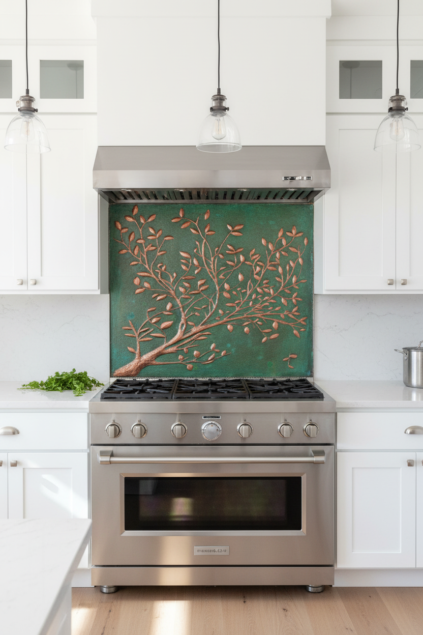 Green Verdigris Copper Tree Branches Backsplash Large Panel EXTREMELY CLOSE Front Direct View Handmade Kitchen Wall Art Ultra Luxury Modern Farmhouse Kitchen Stove Backsplash