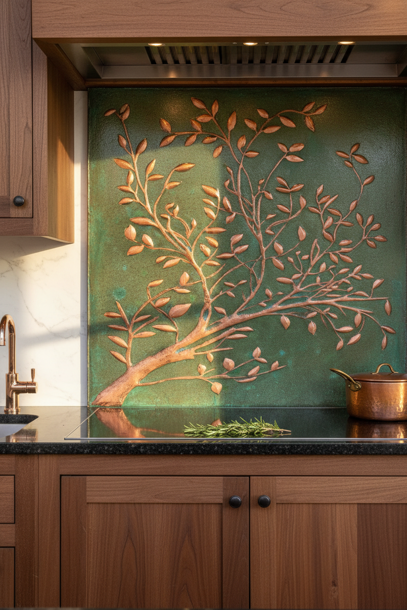 Green Verdigris Copper Tree Branches Backsplash Large Panel EXTREMELY CLOSE Front Direct View Handmade Kitchen Wall Art Ultra Luxury Rustic Farmhouse Kitchen Stove Backsplash