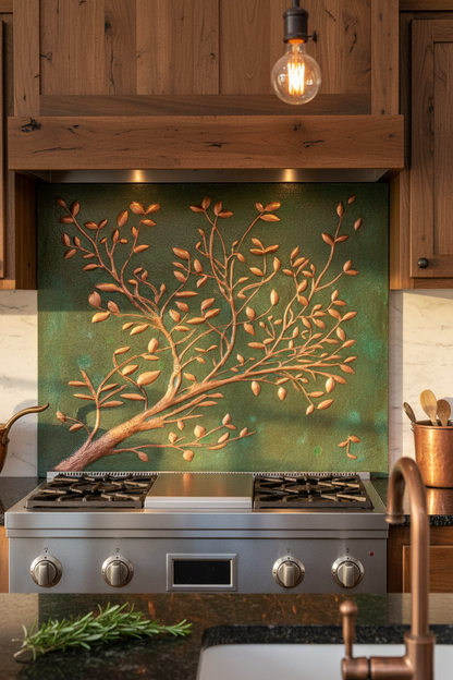 Green Verdigris Copper Tree Branches Backsplash Large Panel EXTREMELY CLOSE Front Direct View Handmade Kitchen Wall Art Ultra Luxury Rustic Farmhouse Kitchen Stove Backsplash