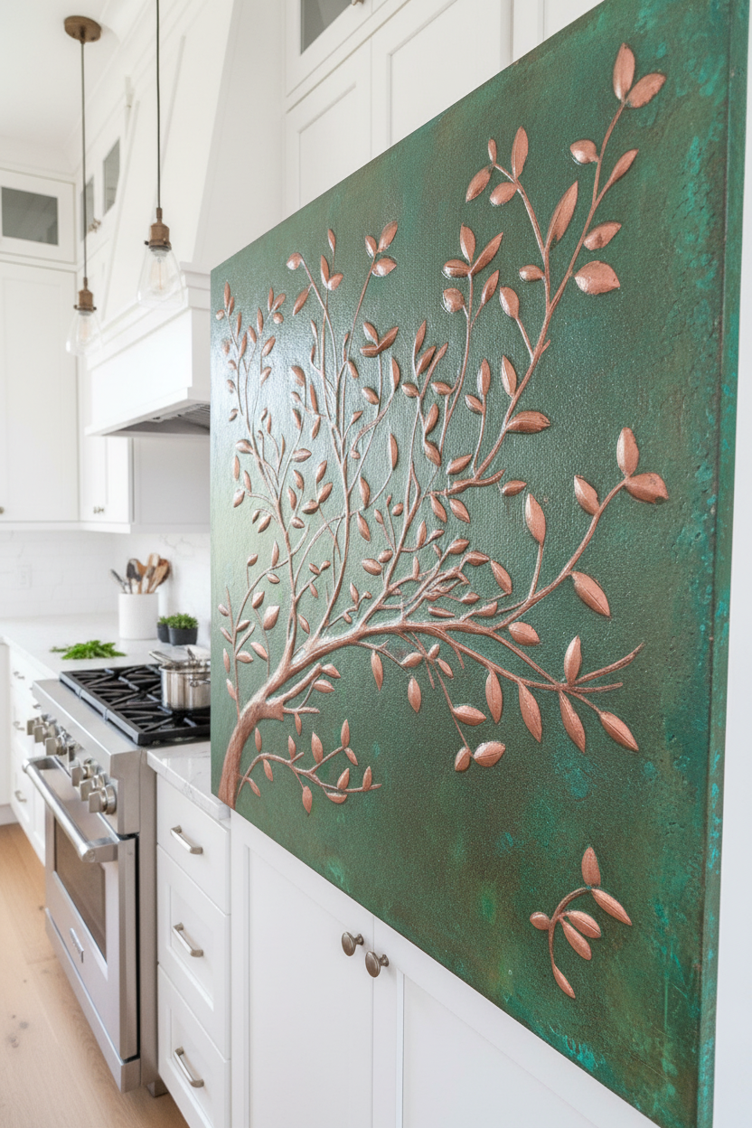 Green Verdigris Copper Tree Branches Backsplash Large Panel EXTREMELY CLOSE Slight Angled Left View Handmade Kitchen Wall Art Ultra Luxury Modern Farmhouse Kitchen Stove Backsplash