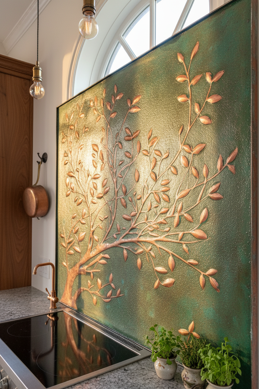 Green Verdigris Copper Tree Branches Backsplash Large Panel EXTREMELY CLOSE Slight Angled Left View Handmade Kitchen Wall Art Ultra Luxury Rustic Farmhouse Kitchen Stove Backsplash