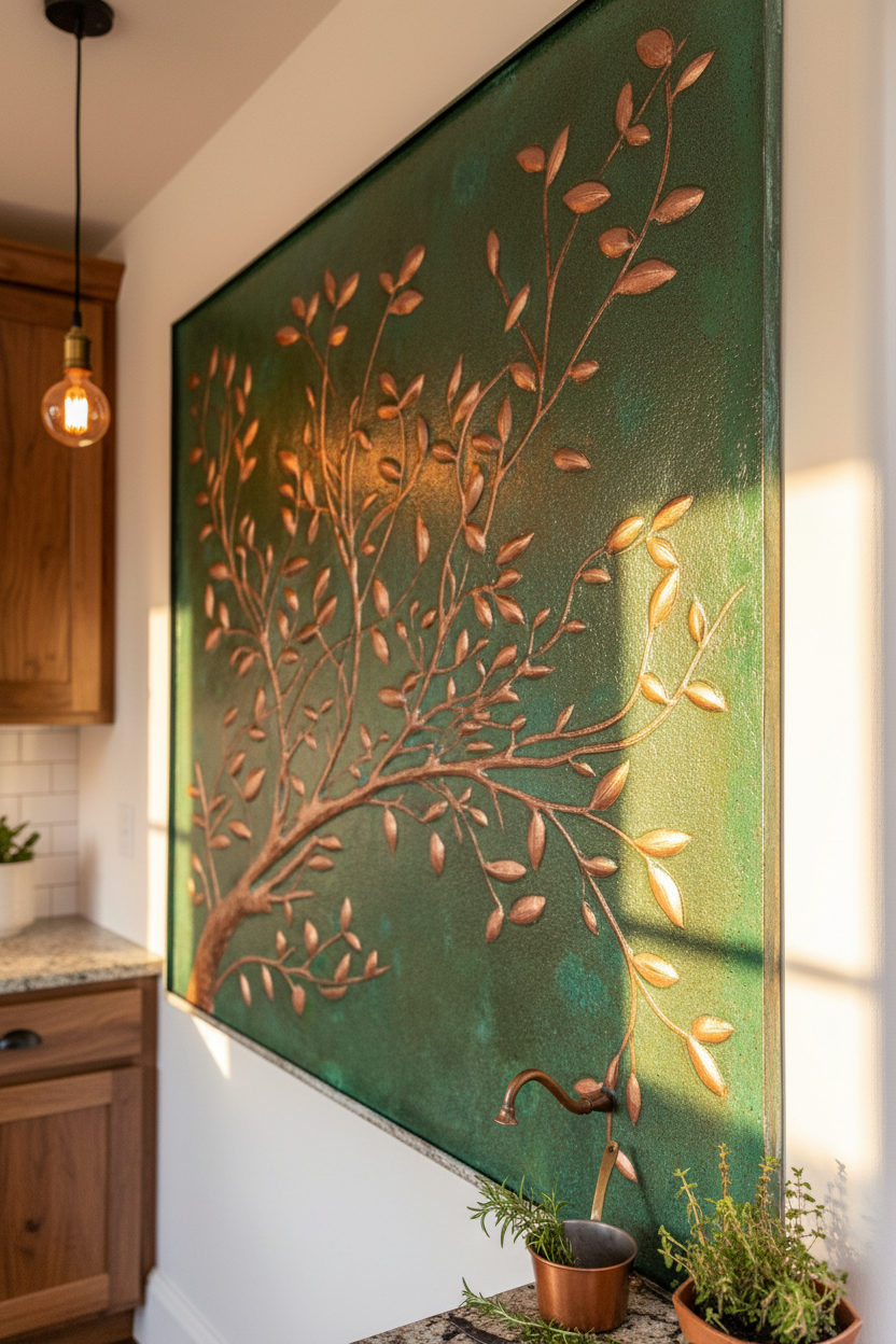 Green Verdigris Copper Tree Branches Backsplash Large Panel EXTREMELY CLOSE Slight Angled Left View Handmade Kitchen Wall Art Ultra Luxury Rustic Farmhouse Kitchen Stove Backsplash