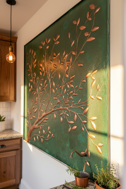 Green Verdigris Copper Tree Branches Backsplash Large Panel EXTREMELY CLOSE Slight Angled Left View Handmade Kitchen Wall Art Ultra Luxury Rustic Farmhouse Kitchen Stove Backsplash