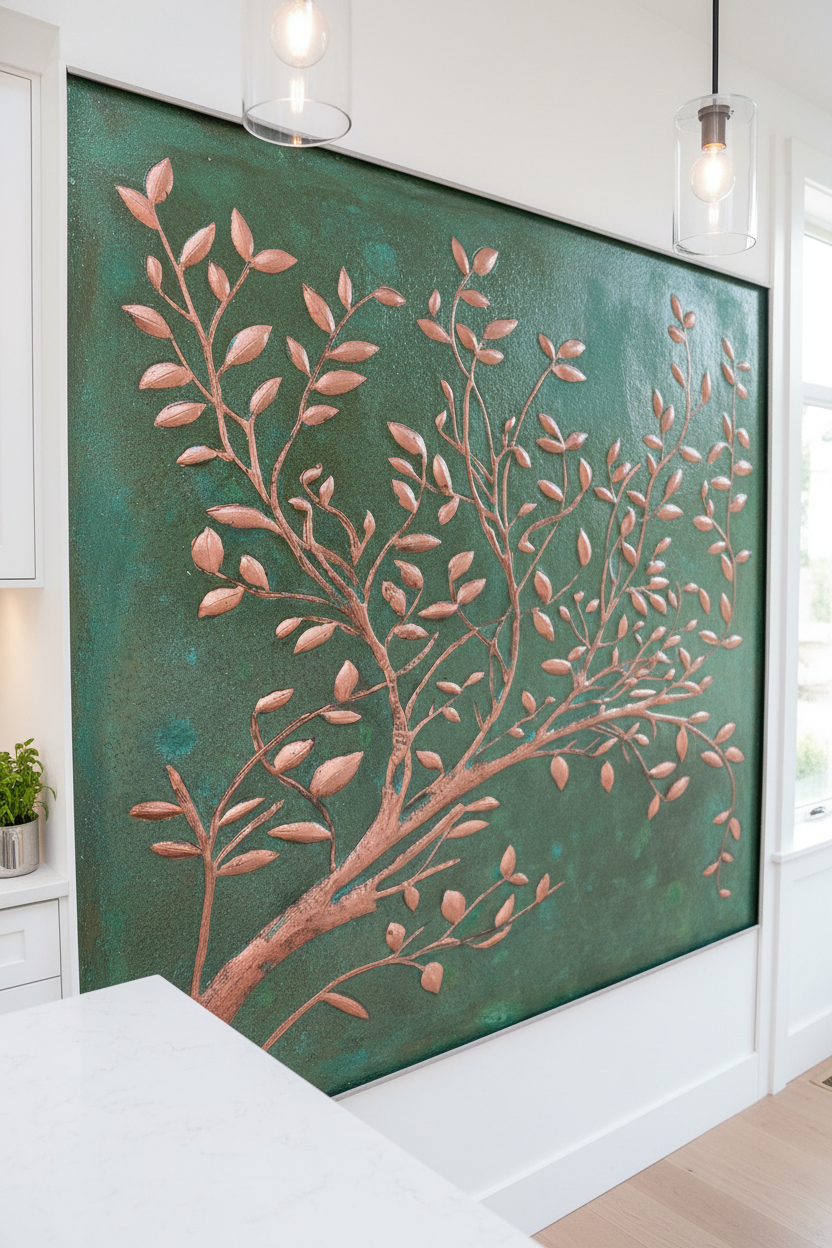 Green Verdigris Copper Tree Branches Backsplash Large Panel EXTREMELY CLOSE Slight Angled Right View Handmade Kitchen Wall Art Ultra Luxury Modern Farmhouse Kitchen Stove Backsplash