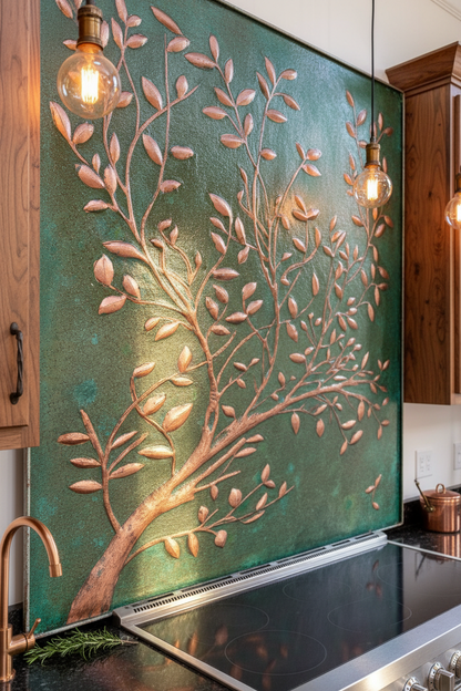 Green Verdigris Copper Tree Branches Backsplash Large Panel EXTREMELY CLOSE Slight Angled Right View Handmade Kitchen Wall Art Ultra Luxury Rustic Farmhouse Kitchen Stove Backsplash