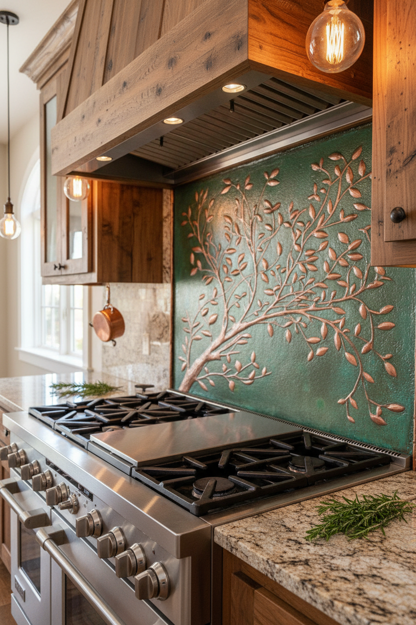 Green Verdigris Copper Tree Branches Backsplash Large Panel EXTREMELY CLOSE Slight Angled Right View Handmade Kitchen Wall Art Ultra Luxury Rustic Farmhouse Kitchen Stove Backsplash