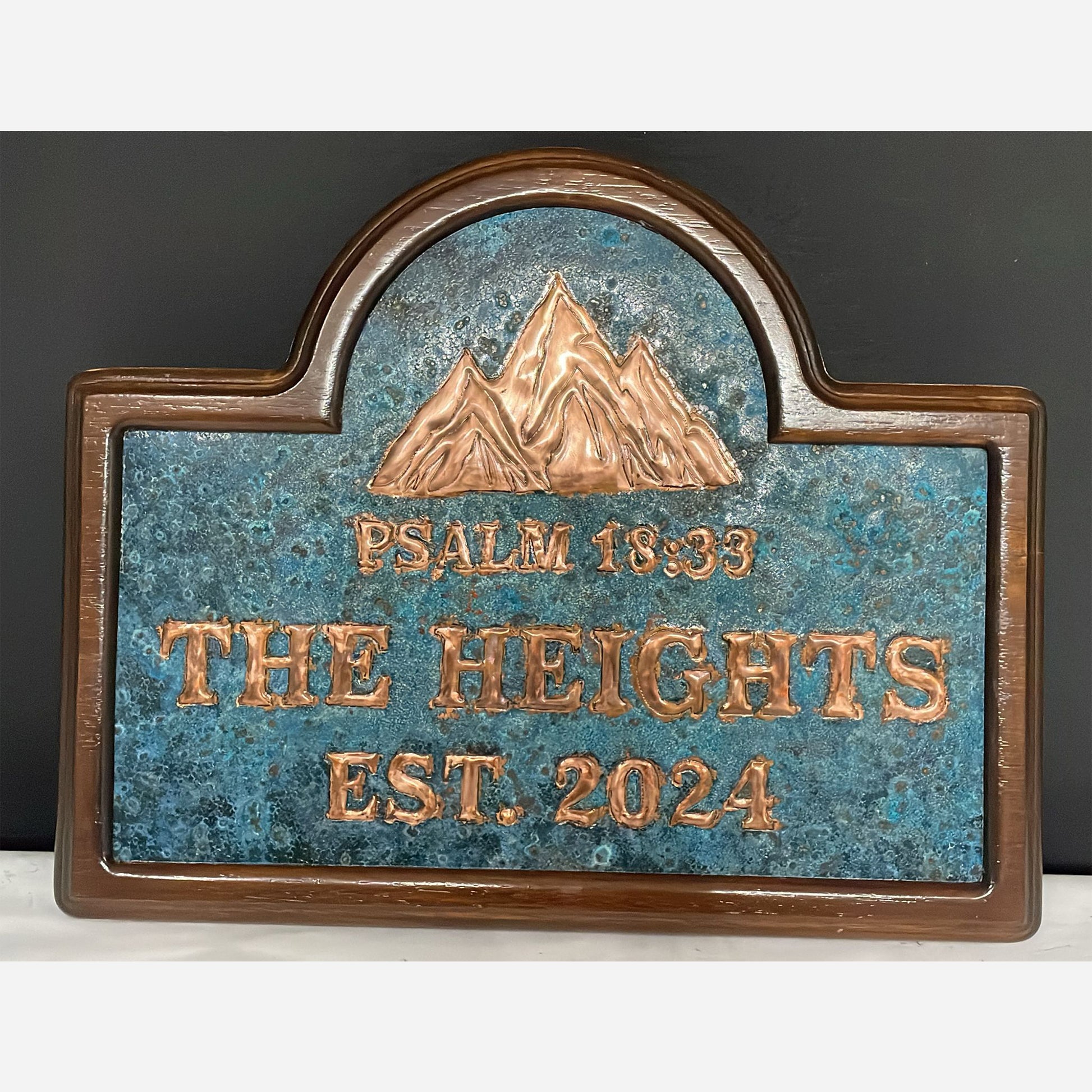 Wooden Framed Copper House Sign with Family Name and Scripture (Mountains) - Natuross