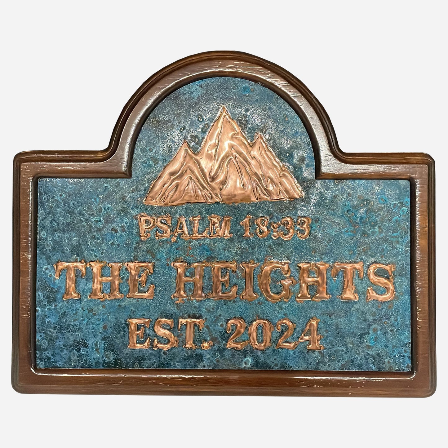 Wooden Framed Copper House Sign with Family Name and Scripture (Mountains) - Natuross